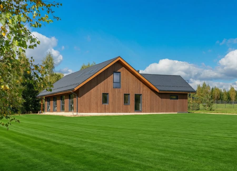 Дом с деревянным фасадом и газоном в поселке Woodside Residence