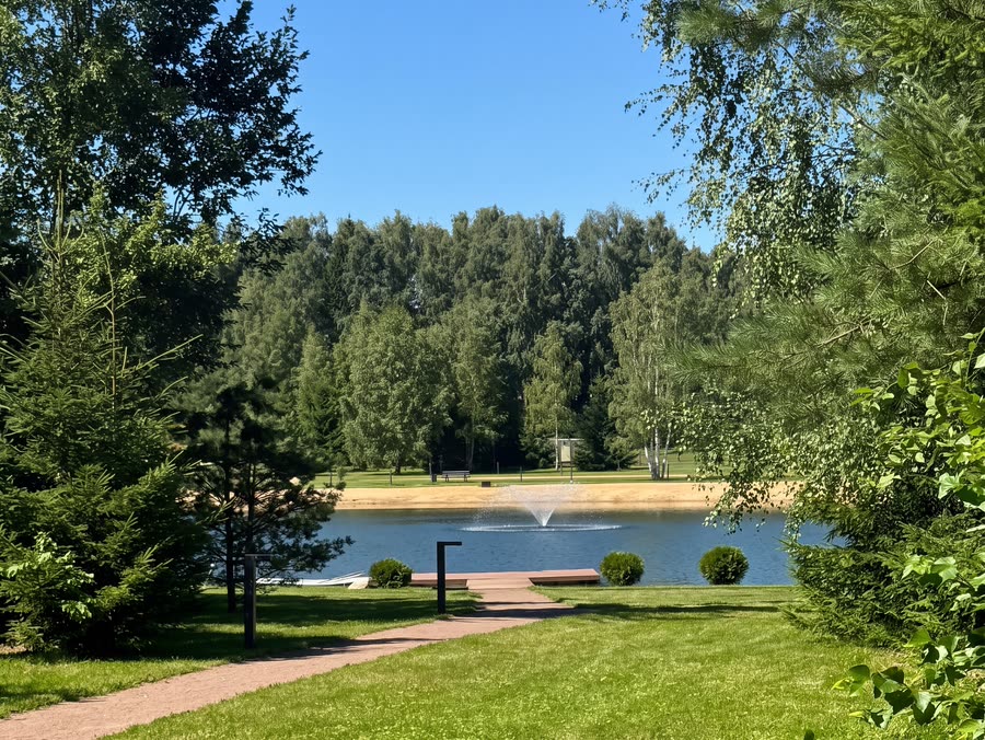Лесное озеро поселка Woodside Residence за соснами, у берега фонтан
